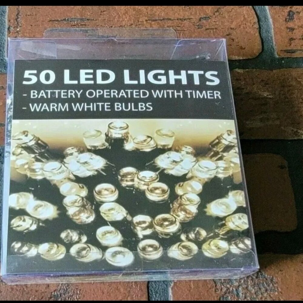 50 LED Lights Battery Operated With Timer Warm White Bulbs Indoor / Outdoor